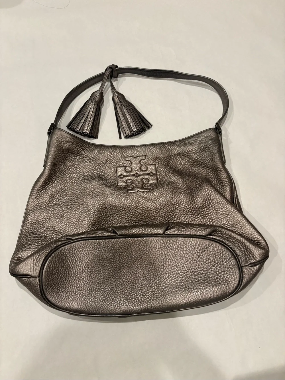 Tory Burch Pewter Leather Hobo with Tassel Detail